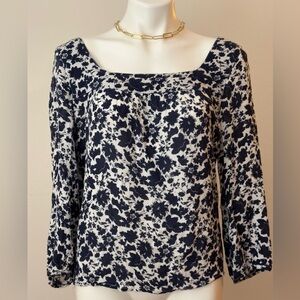 Lucky Brand Navy Blue and White Floral Top size L